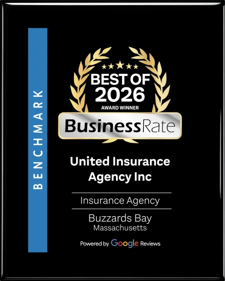 BusinessRate Best of 2026 award plaque for United Insurance Agency Inc, Buzzards Bay, Massachusetts